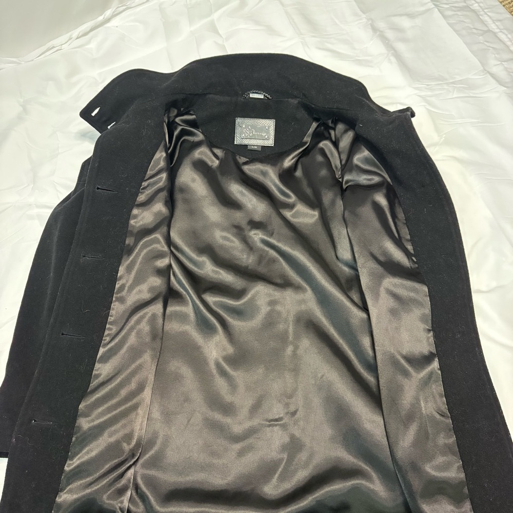 Mackage Wool Cashmere Coat Black Leather Trim Removable Collar Hood Size L - Picture 13 of 15